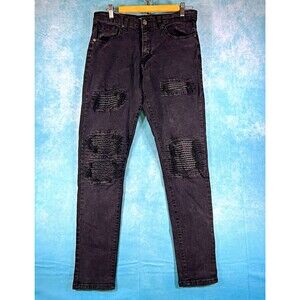 TR Premium Men's Skinny Fit Dark Wash Gray Stretch Denim Jeans Distressed Logo